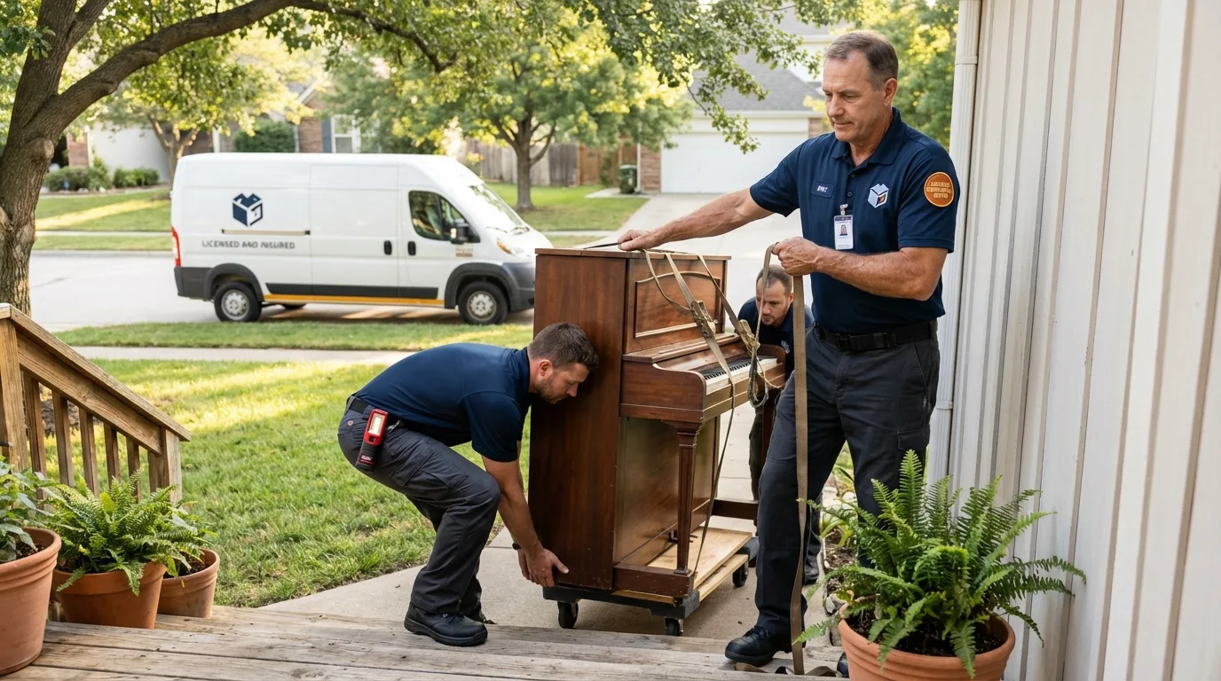 Licensed piano movers securing grand piano in Altavista, VA